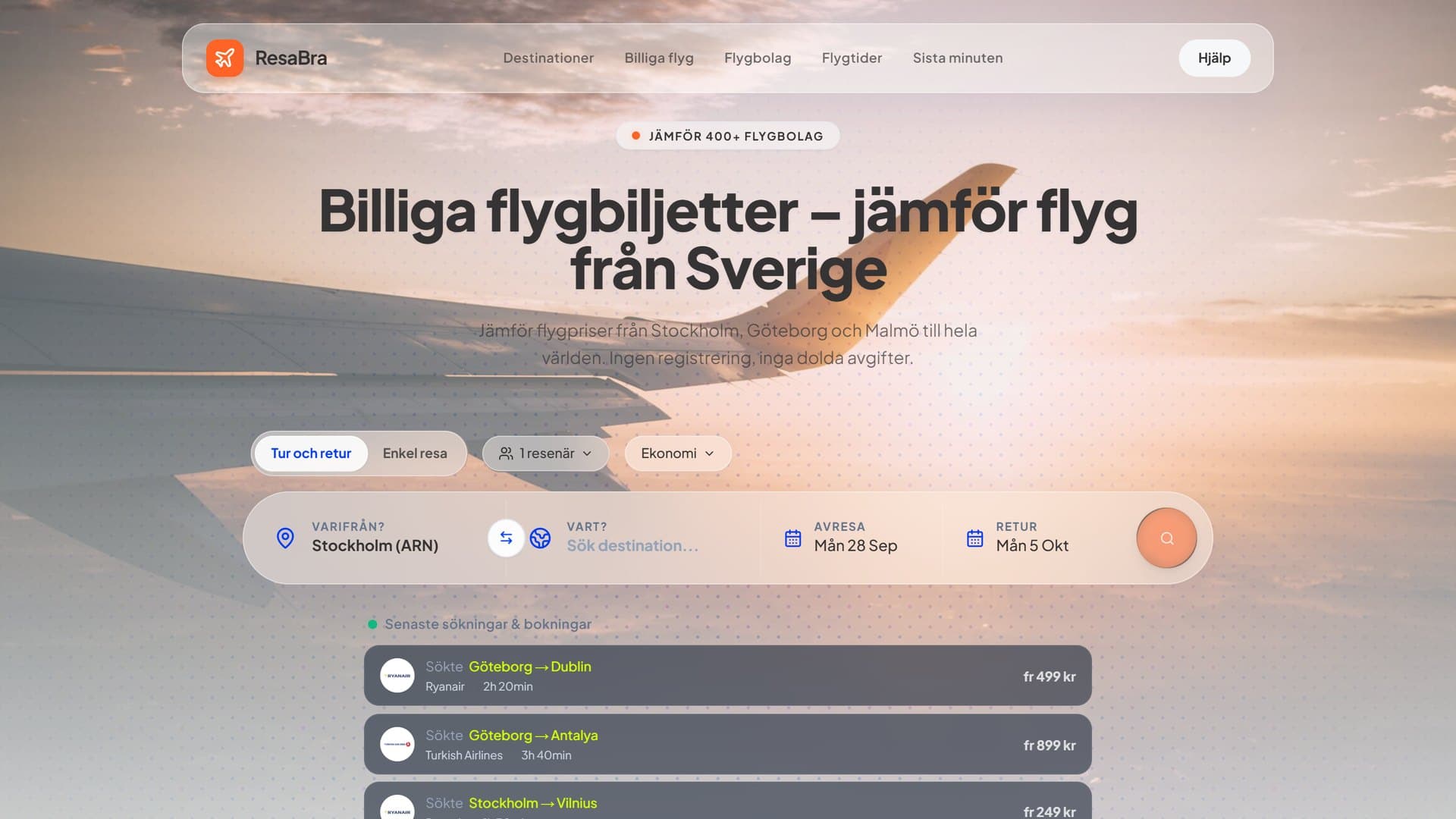 ResaBra.se – startsidan med flygsök och senaste sökningar