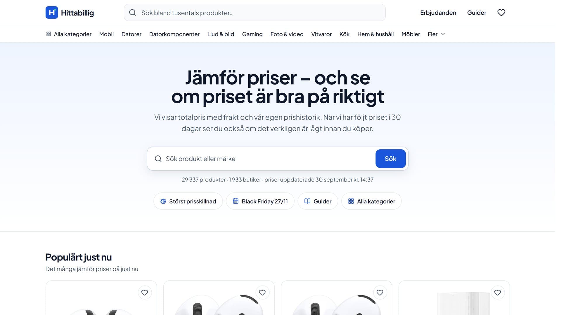 Hittabillig.se – startsidan med produktsök och populära produkter